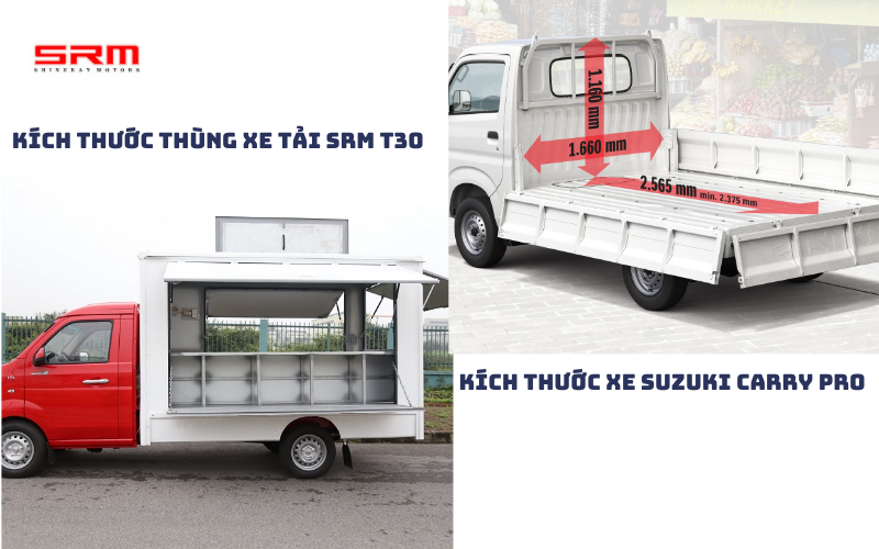 So sánh chi tiết về thùng hàng xe tải SRM T30 vs Suzuki Carry Pro